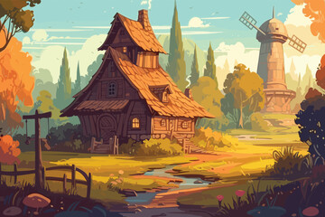 Medieval house in fairy forest village cartoon vector illustration. Generative AI