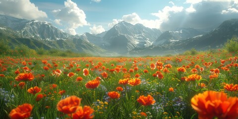 Beautiful landscape of countryside with flowered in the meadow at sunset, Shallow depth of field, mountain, and cloud