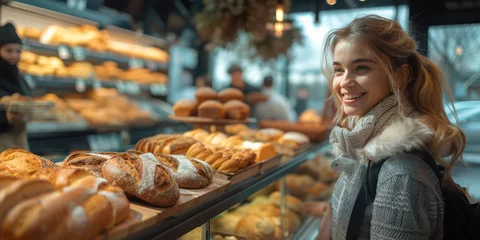 Tuinposter Happy and smiling people, buying bread at the supermarket bakery © Attasit