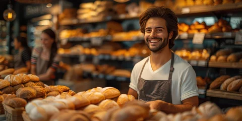 Gordijnen Happy and smiling people, buying bread at the supermarket bakery © Attasit