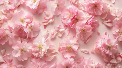 Fototapeta na wymiar Pink cherry blossoms scattered on a soft pink background, embodying a springtime and nature-inspired theme, perfect for backgrounds in design applications to evoke freshness and floral beauty