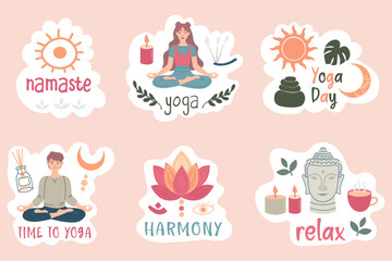 Yoga stickers concept with lettering. Badge, label with lettering