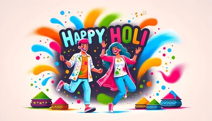 Illustration of postr for holi with two joyful characters.