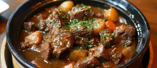 A close-up view of a bowl filled with Belgian beef stew on a wooden table. The rich and hearty stew containing tender beef, onions, and beer is a staple in Flemish cuisine. - obrazy, fototapety, plakaty