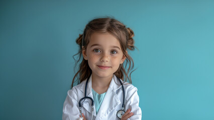 Portrait of a kid dressed in a doctor's white coat and stethoscope. A happy child who is looking thoughtful with a studio background, conceptual of imagination and dream career, free copy space