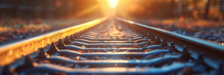 close up railway train tracks at sunset,banner - obrazy, fototapety, plakaty
