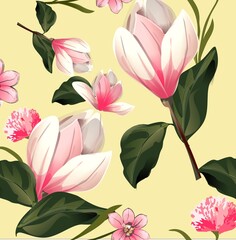 seamless pattern with  pink magnolia on yellow 