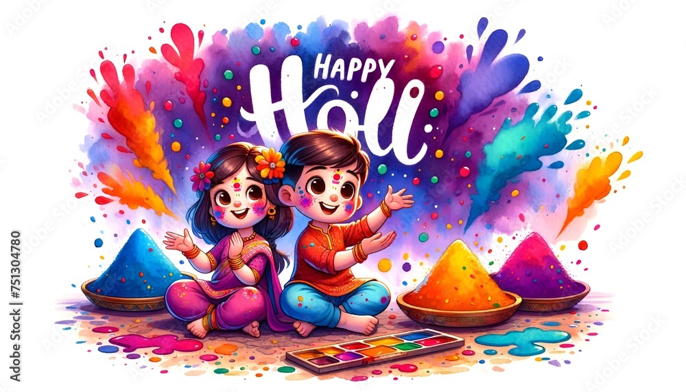 Wall mural watercolor illustration for the holi with a scene of two cartoon characters playing with colorful po