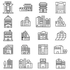 Buildings line icon set. Bank, school, courthouse, university, library. Architecture concept. Can be used for topics like office, city, real estate