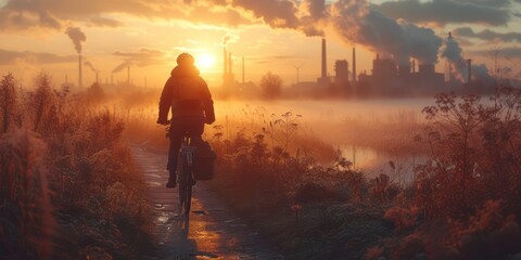 A Cyclist people wearing a pollution mask riding on a path near industries, sunshine