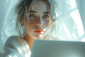 Woman using laptop computer. Distance learning online education and work in bright white room