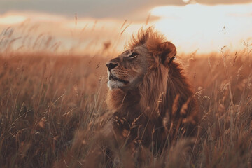 The king of the grassland, a male lion, lay peacefully in the middle of the grassland in the...