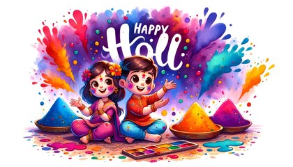 Watercolor illustration for the holi with a scene of two cartoon characters playing with colorful powders.