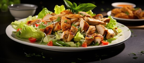 A plate filled with a delicious chicken salad featuring tender chicken pieces, fresh lettuce leaves, and crisp carrots served as a healthy and satisfying meal option.