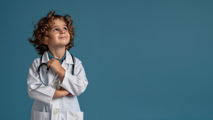 Portrait of a kid dressed in a doctor's white coat and stethoscope. A happy child who is looking thoughtful with a studio background, conceptual of imagination and dream career, free copy space