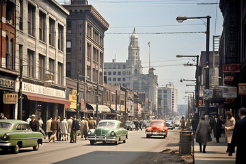 Bustling City Street in the Late 1950s - A Colorful Snapshot of Vintage Urban Life