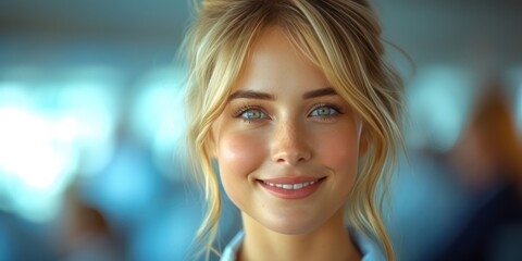 Obraz premium Blonde stewardess woman with uniform smiling together with cabin crew