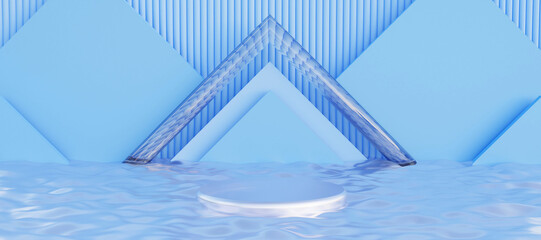 Blue podium with decorative objects. Stand to show products with copy space. Pedestal display in futuristic scene. Banner size. Website cover template. 3D rendering.