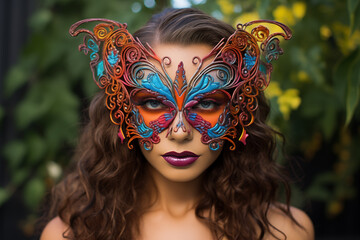 Close-up of a young woman wearing a colorful butterfly mask at a masquerade - Powered by Adobe