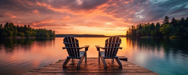 Two wooden chairs on a wood pier overlooking a lake at sunset - obrazy, fototapety, plakaty