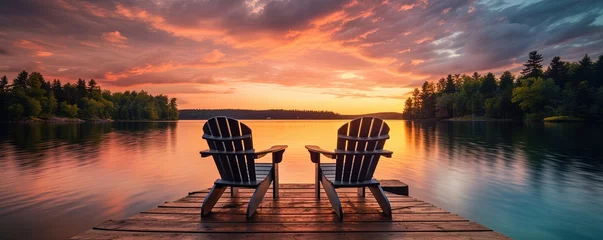 Fotobehang Strand zonsondergang Two wooden chairs on a wood pier overlooking a lake at sunset