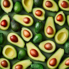 avocados cut in half lying on a green background