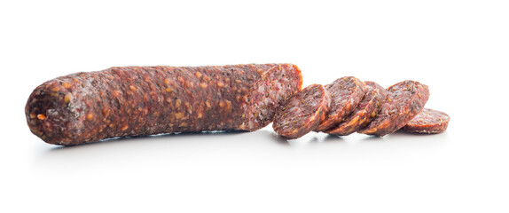 Sliced salami sausage isolated on white background.