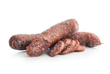 Sliced salami sausage isolated on white background.