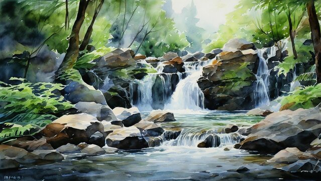 A cascading waterfall with lush greenery and rocks. Watercolor painting.