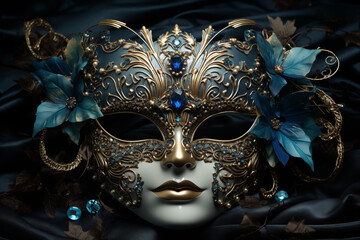 Luxurious golden venetian mask adorned with blue flowers and gems, set against a silky dark backdrop