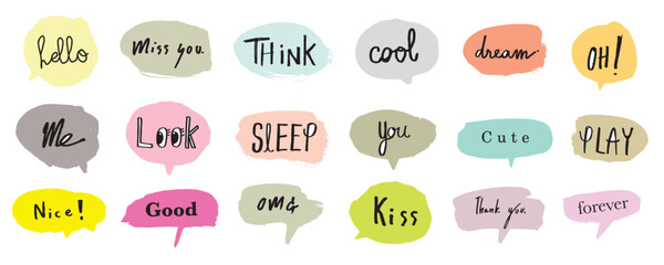 Cute vector speech bubble colorful set,Hand drawn set of speech bubbles with handwritten for book ,card, business, poster design. Vector illustration design for fashion fabrics, textile graphics