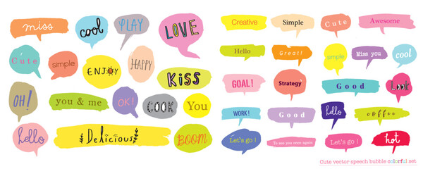 Cute vector speech bubble colorful set,Hand drawn set of speech bubbles with handwritten for book ,card, business, poster design. Vector illustration design for fashion fabrics, textile graphics