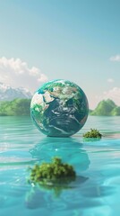 A serene image of an Earth globe floating in a calm body of water with green islands and mountains in the background, perfect for tranquil environmental themes or inspirational Earth Day messages.