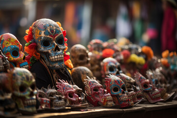 Vibrant handmade sugar skull masks on display at a Mexican street market - obrazy, fototapety, plakaty