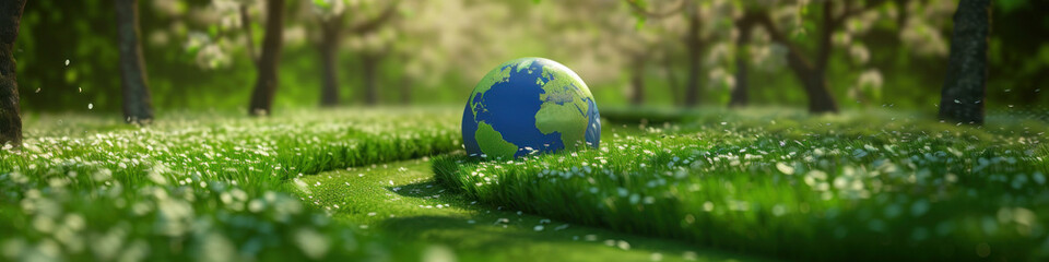 Earth globe nestles in a lush green pathway, basking in ethereal sunlight, a serene invitation to walk towards a sustainable future, suitable for environmental awareness campaigns  - obrazy, fototapety, plakaty
