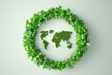 A circle of tree leaves forming the continents on a solid background, ideal for Earth-themed events or educational materials about global ecosystems.