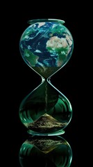 An hourglass with the Earth at its top, symbolizing the urgency of environmental action, perfect for climate change awareness campaigns or sustainability event invitations.