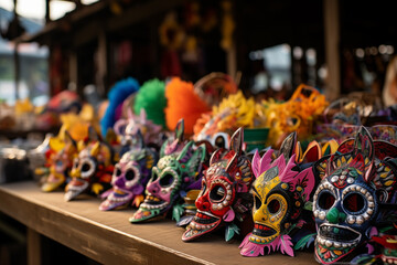 Vibrant handmade masks displayed for sale at a local street market - obrazy, fototapety, plakaty