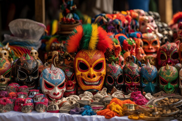 Vibrant selection of handmade masks displayed at a local market stall