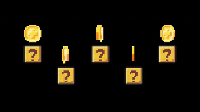 Retro coins and question mark gold box - isolated vector illustration. Classic retro video game. This coins movement graphics has a simulation of retro 8-bit graphics animation showing coins rotating.