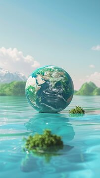 A serene image of an Earth globe floating in a calm body of water with green islands and mountains in the background, perfect for tranquil environmental themes or inspirational Earth Day messages.
