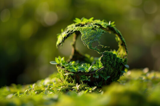 A globe in the form of a growing plant inside a mossy circle, suited for illustrating environmental growth or regeneration themes.