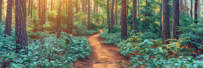a small path in a pine forest at sunset or sunrise, background, banner nature landscape - obrazy, fototapety, plakaty