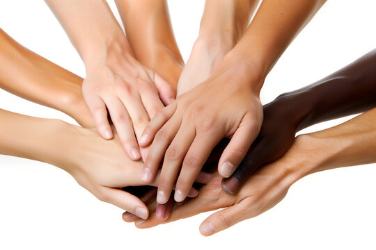 Diverse of people unity realistic group of human hands in circle isolated in white background