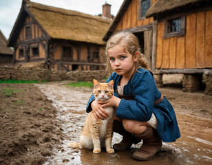 A girl with a cat on the background of an ancient village
