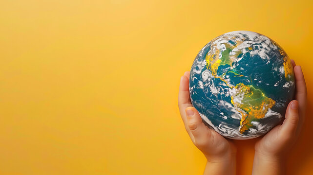 Children's hands hold the globe. Yellow background. Free space for text.
