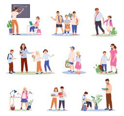 Set of cute children with backpack going back to school with parents. Collection of funny pupils studying, learning, communicating with teacher during lesson Flat vector illustration isolated on white