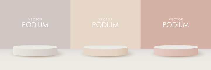 Set of vector round background podiums for displaying various products. Podium background for marketing presentations, product trading cards design.