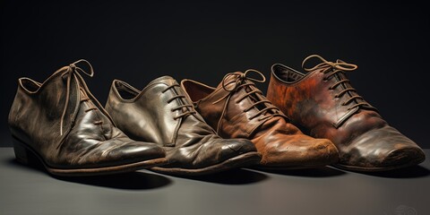 History of foot wear. Surviving shoes from old days. - obrazy, fototapety, plakaty