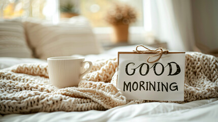 Fototapeta na wymiar Card with text GOOD MORNING on the bed. Cozy morning